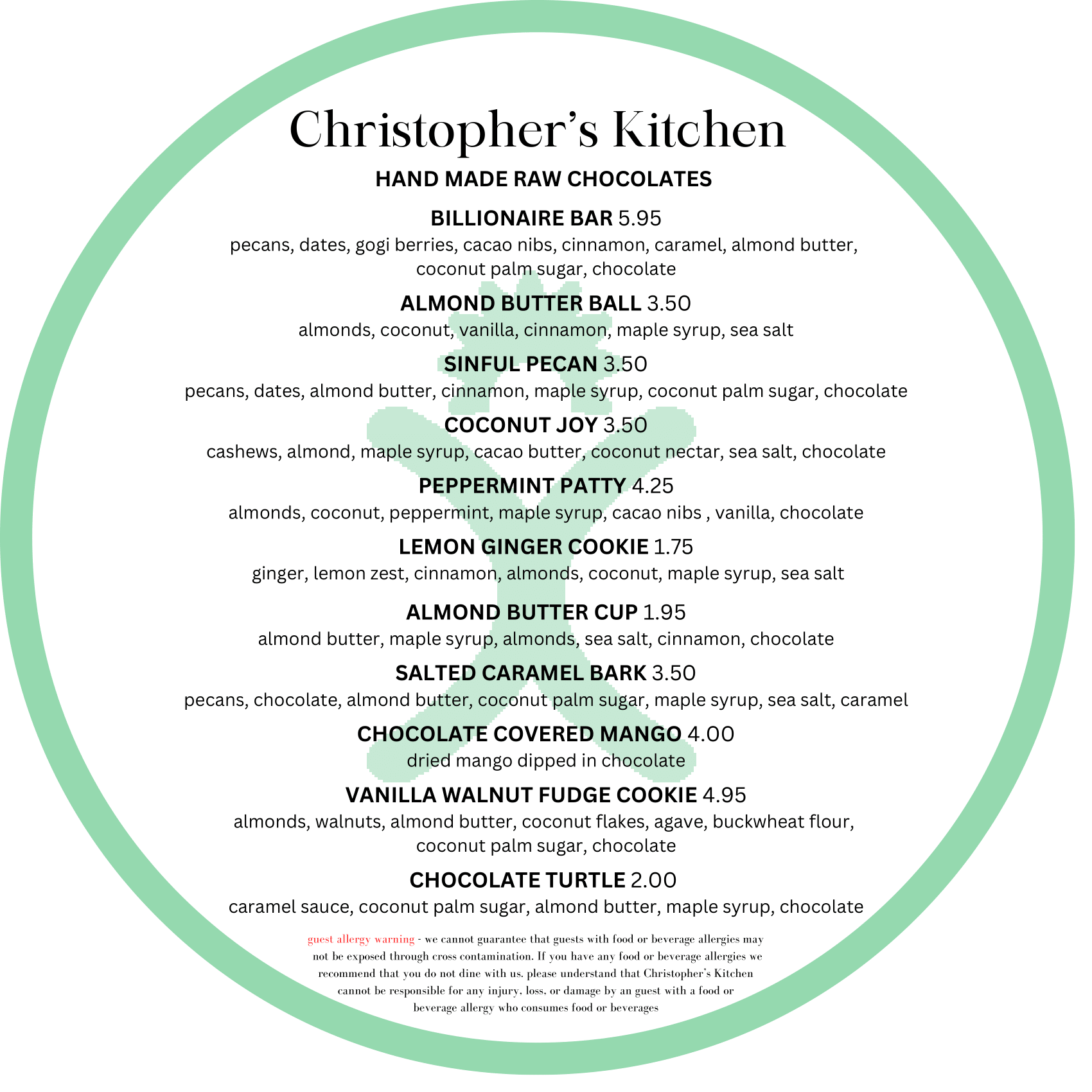 circular menu showcasing a variety of desserts with detailed ingredients and pricing