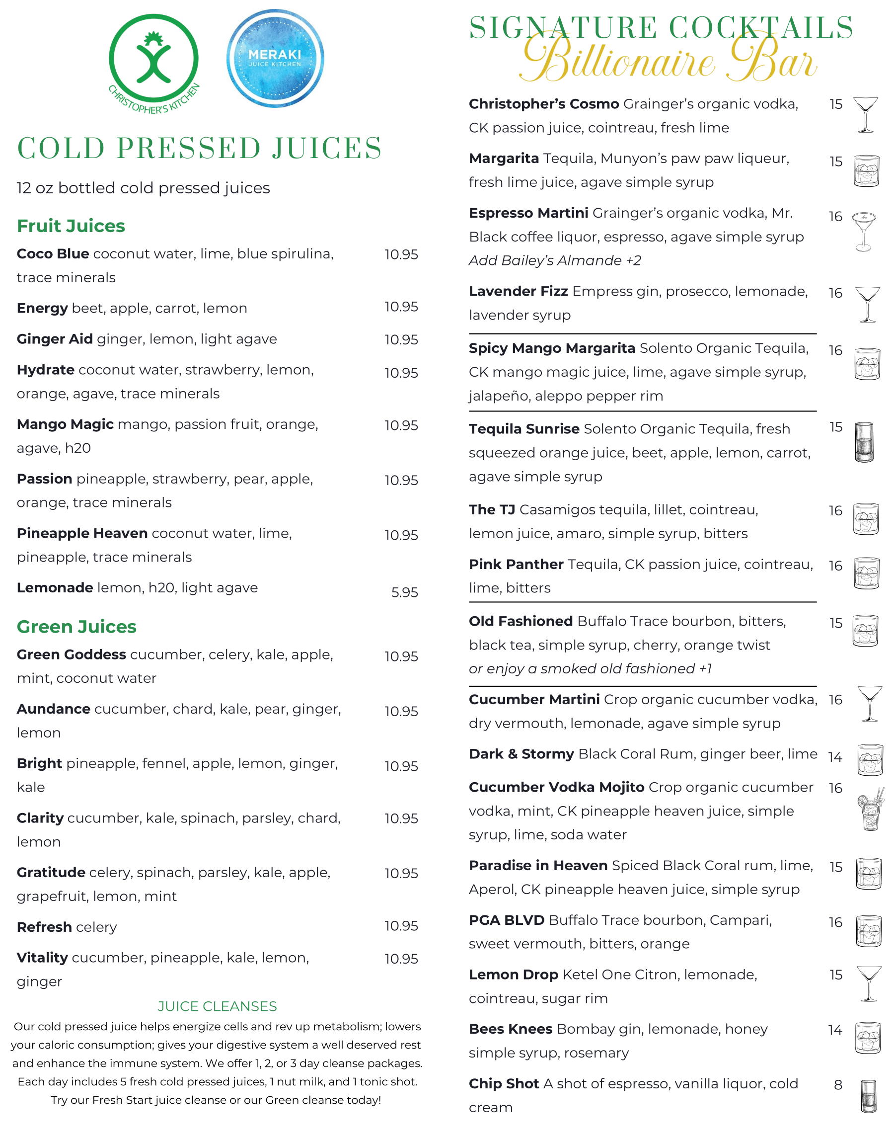 menu listing cold-pressed juices, green juices, juice cleanse options, and signature cocktails with detailed descriptions and prices